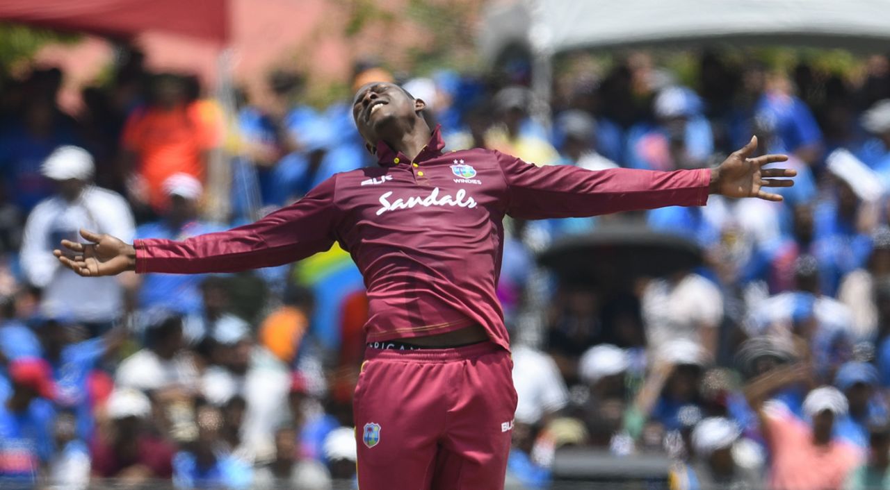 Sheldon Cottrell celebrates a wicket, West Indies v India, 1st T20I, Lauderhill, August 3, 2019