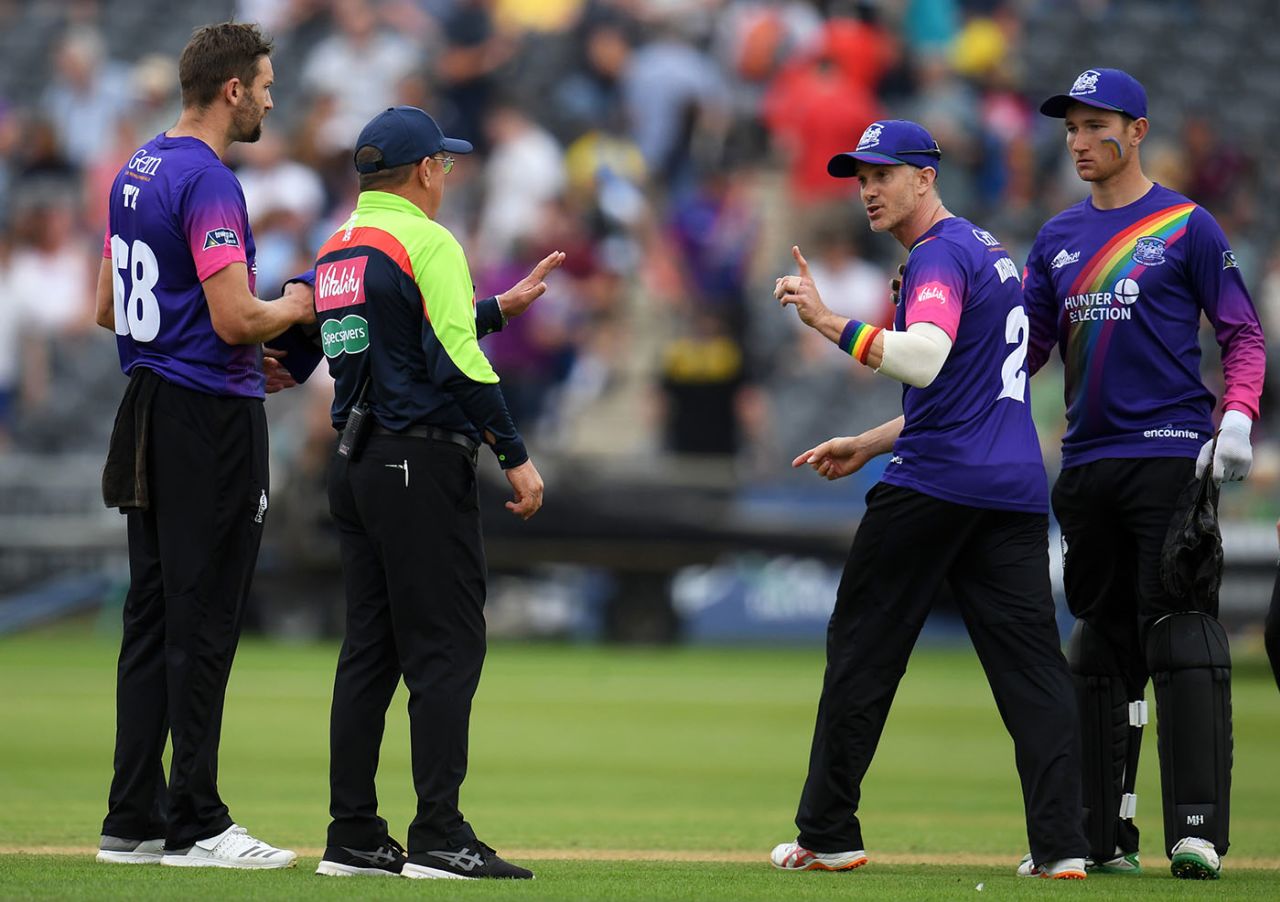 Michael Klinger questions an over-rate penalty with Umpire Ian Gould, Gloucestershire v Sussex, Vitality Blast, South Group, Bristol, August 04, 2019