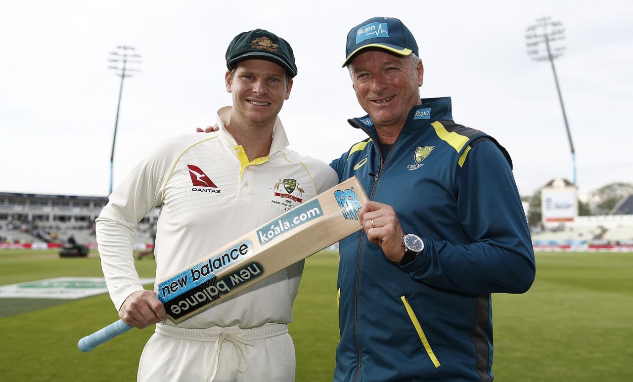 Steven Smith and Steve Waugh pose at stumps after Smith scored his second century for the Test, England v Australia, 1st Test, Birmingham, 4th day, August 4, 2019