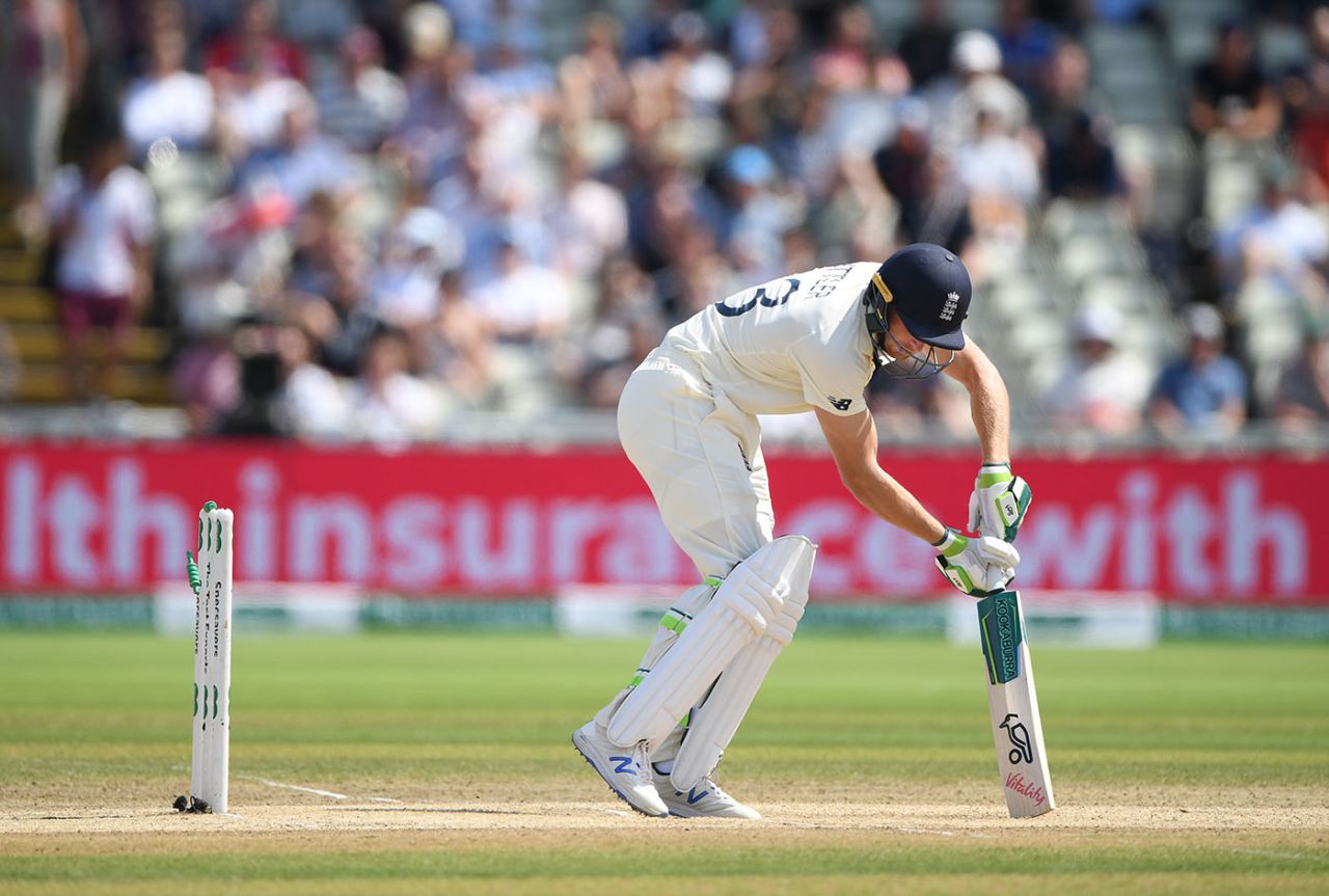 Jos Buttler is bowled by Pat Cummins, England v Australia, 1st Test, Birmingham, 5th day, August 5, 2019
