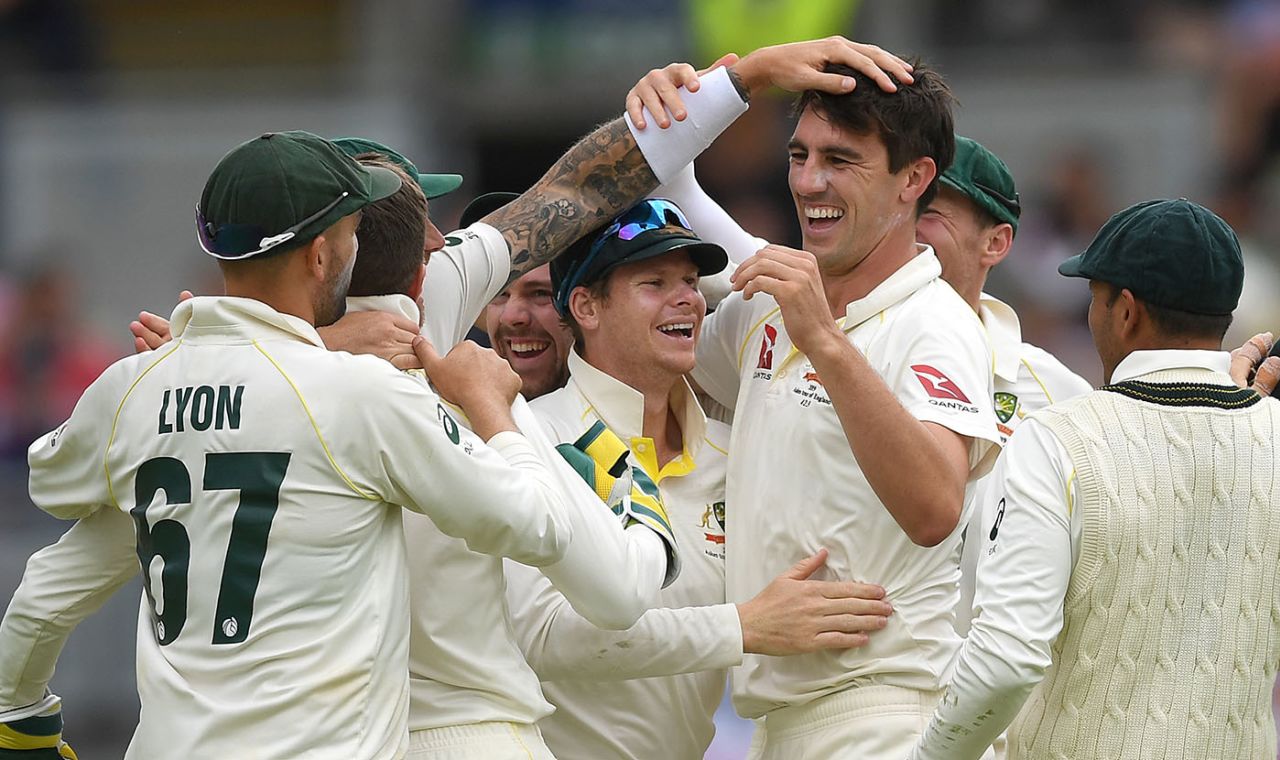 Pat Cummins celebrates after dismissing Chris Woakes to wrap up England's win, England v Australia, 1st Test, Birmingham, 5th day, August 5, 2019