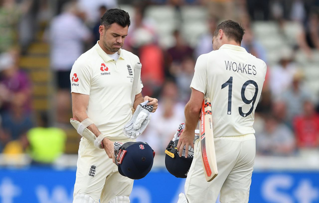 James Anderson and Chris Woakes react after England are bowled out on the final day, England v Australia, 1st Test, Birmingham, 5th day, August 5, 2019