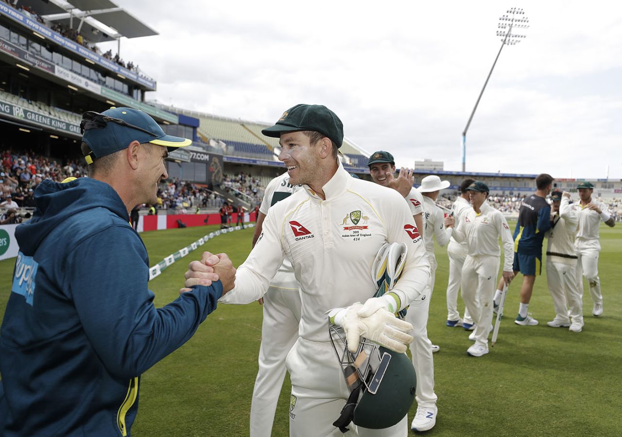 Tim Paine celebrates Australia's win with Justin Langer, England v Australia, 1st Test, Birmingham, 5th day, August 5, 2019