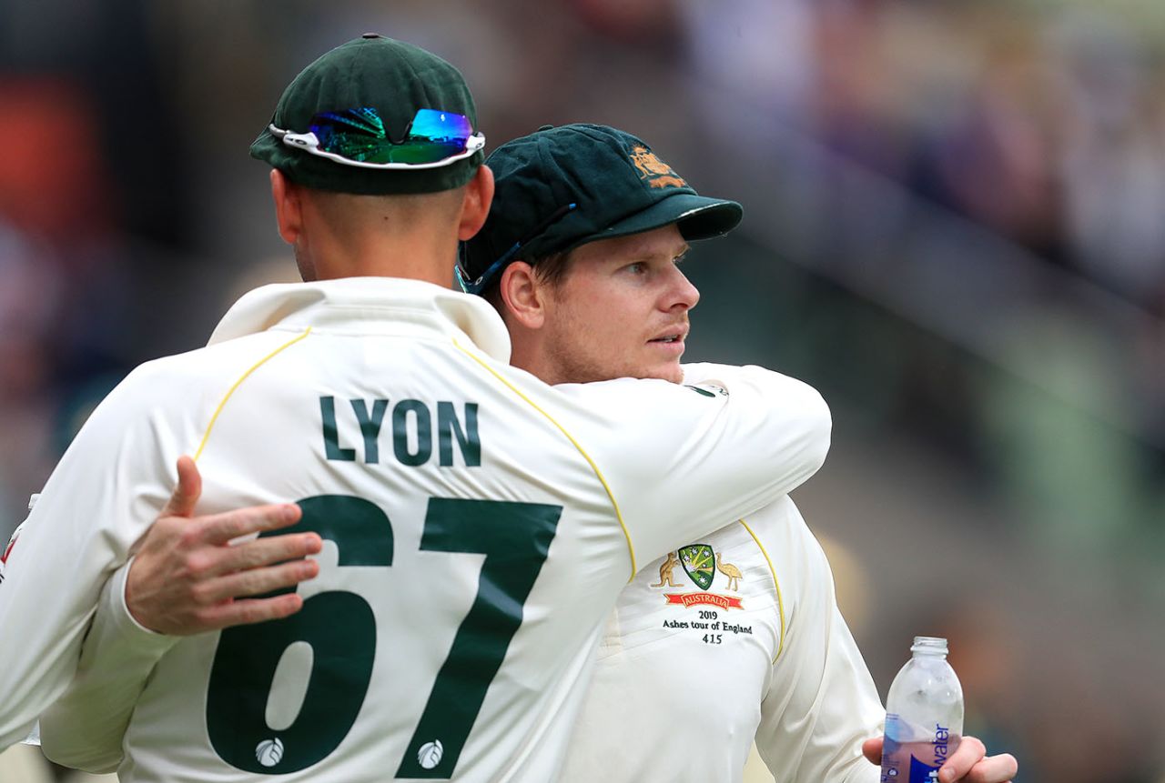 Steve Smith embraces Nathan Lyon on the first evening, England v Australia, 1st Ashes Test, Edgbaston, 1st day, August 1, 2019