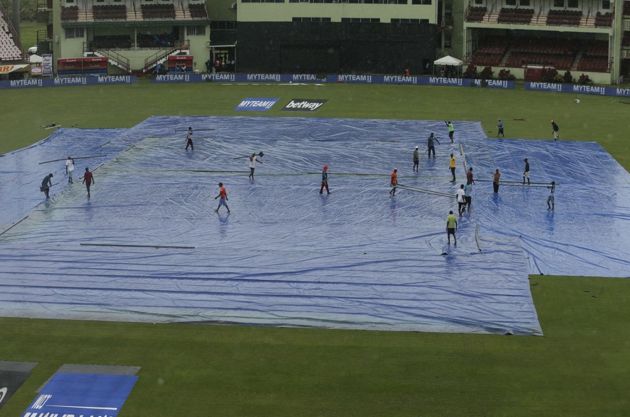 The groundstaff works on the covers, West Indies v India, 3rd T20I, Guyana, August 6, 2019