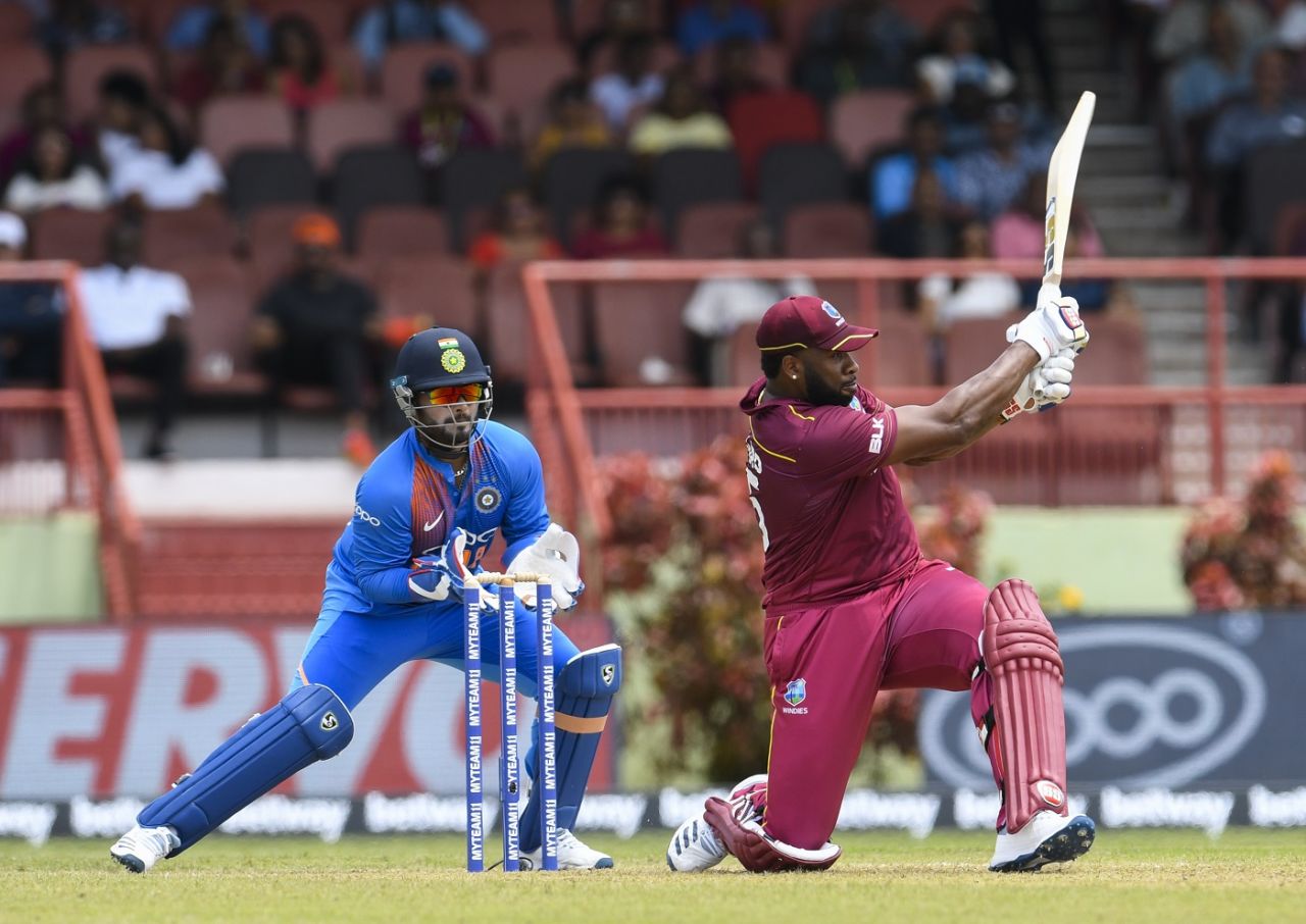 Kieron Pollard muscles a slog-sweep, West Indies v India, 3rd T20I, Providence, August 6, 2019