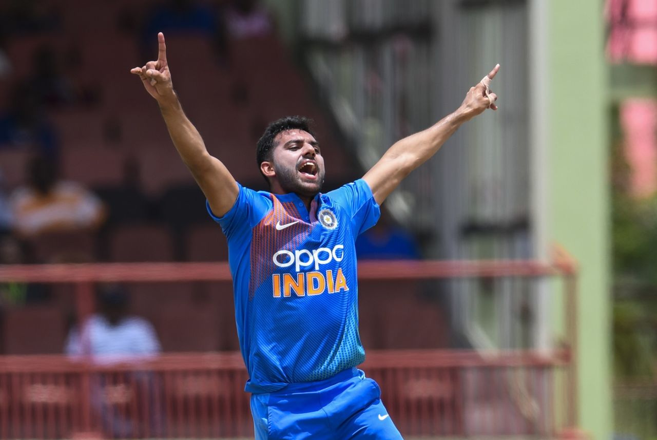 Deepak Chahar celebrates a wicket, West Indies v India, 3rd T20I, Providence, August 6, 2019