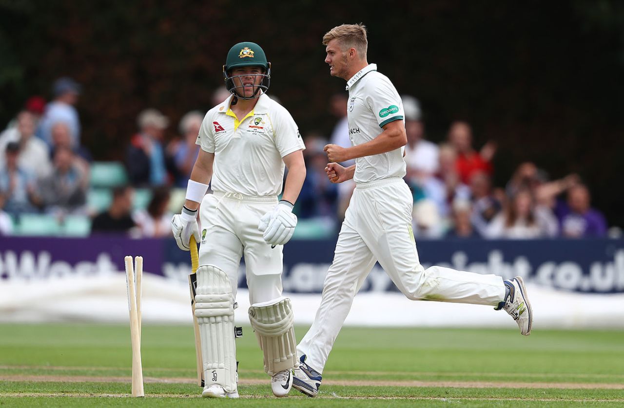 Adam Finch celebrates after bowling Marcus Harris, Worcestershire v Australians, Tour match, Worcester, Day 1, August 7, 2019