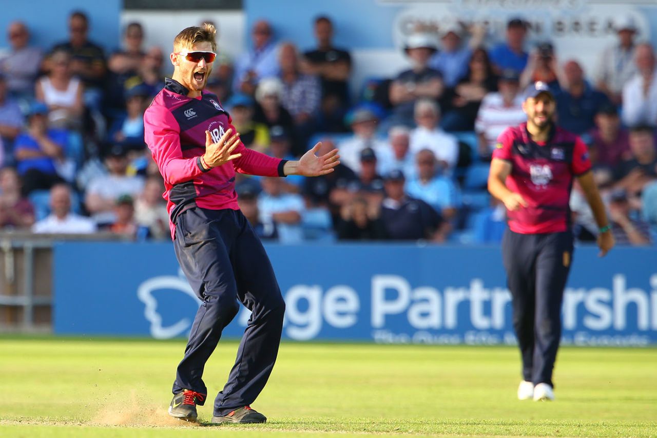 Rob Keogh celebrates a wicket, Northamptonshire v Yorkshire, June 7, 2018