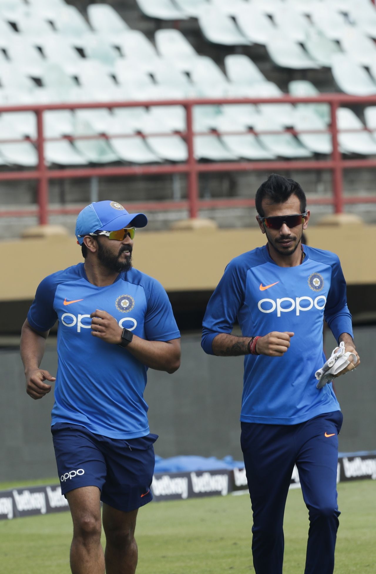 Kedar Jadhav and Yuzvendra Chahal during the warm-ups, West Indies v India, 1st ODI, Guyana, August 8, 2019