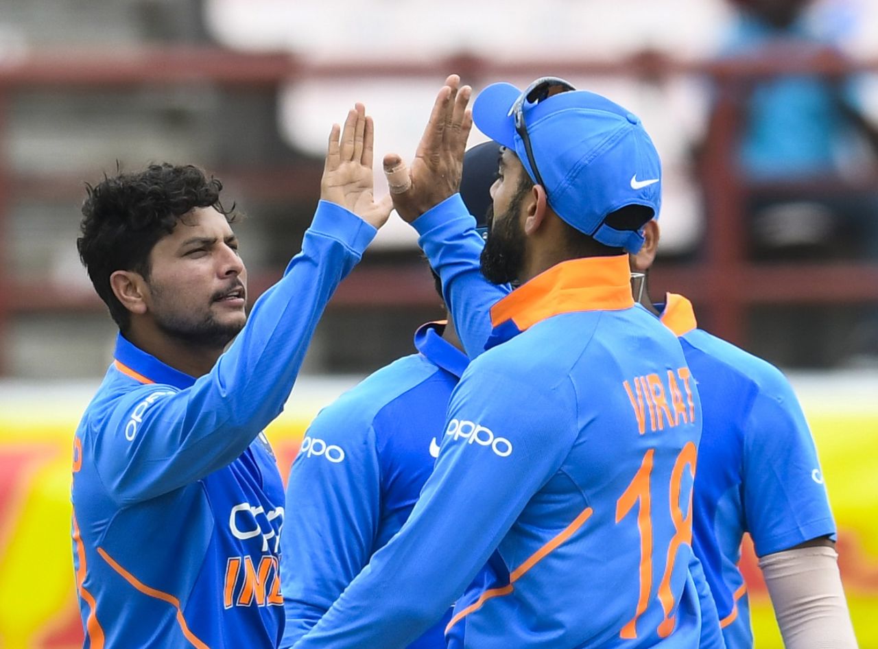 Kuldeep Yadav celebrates a wicket, West Indies v India, 1st ODI, Guyana, August 8, 2019