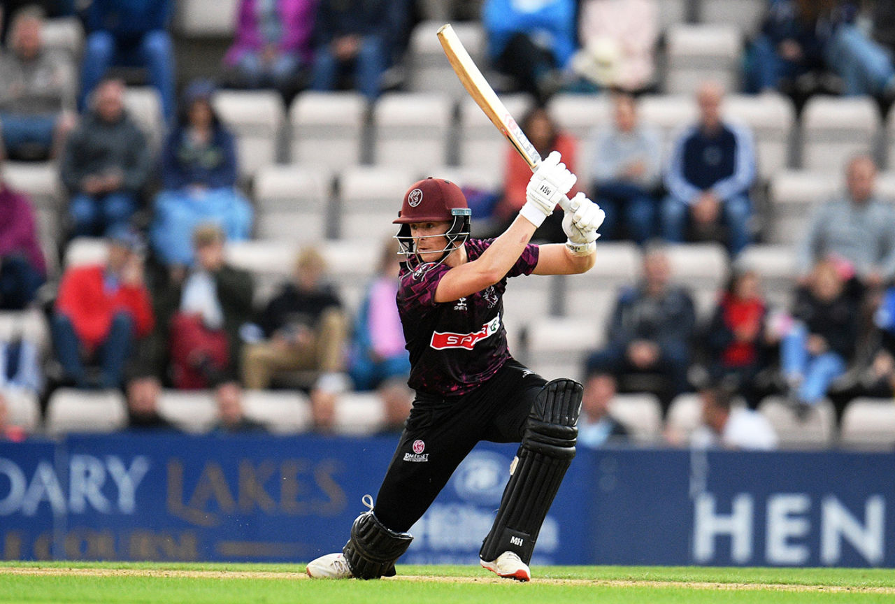 Tom Abell is down on one knee to drive, Hampshire v Somerset, Vitality Blast, South Group, August 9, 2019