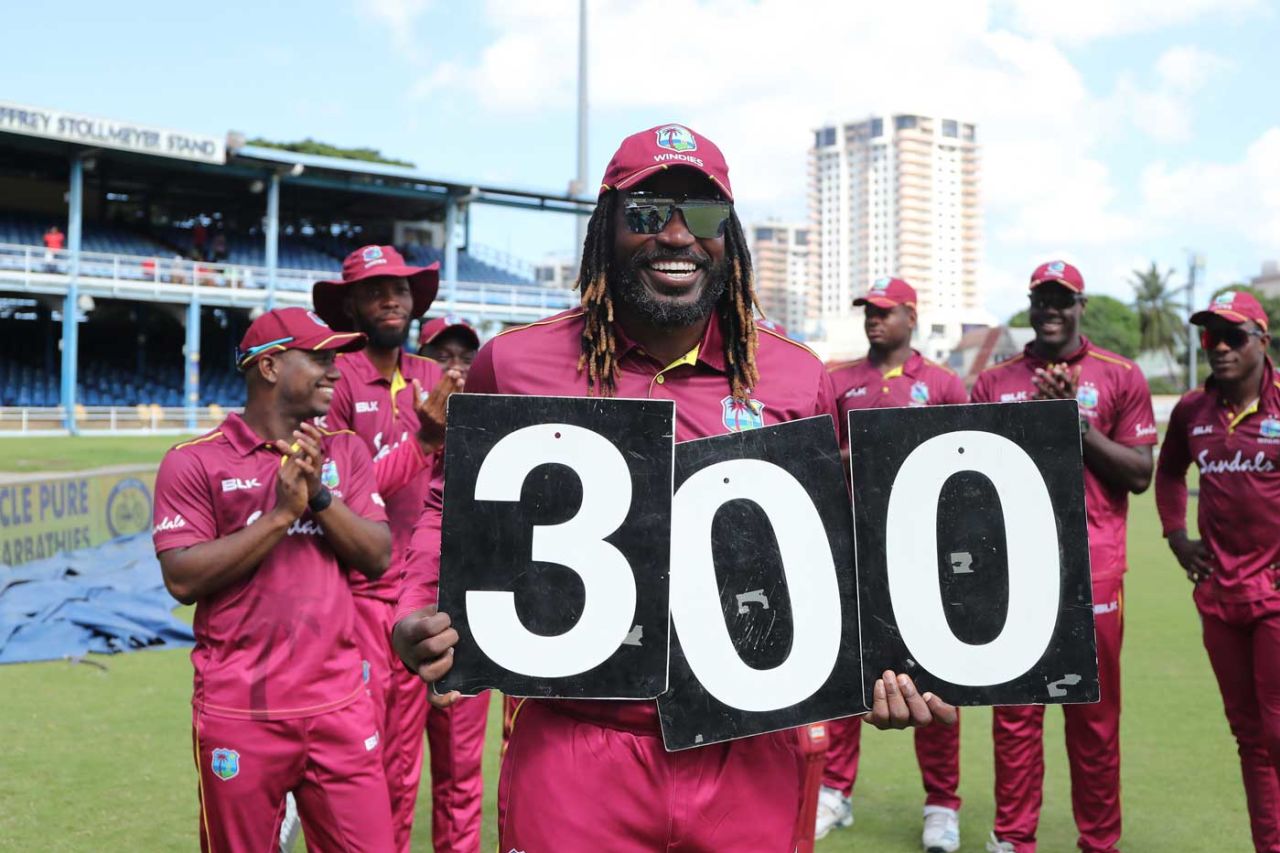 Chris Gayle poses before taking the field for his 300th ODI, West Indies v India, 2nd ODI, Port of Spain, August 11, 2019