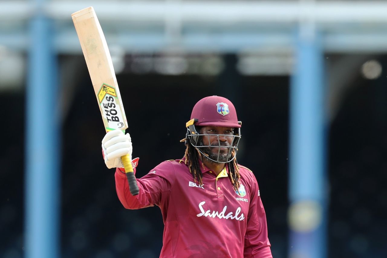Chris Gayle acknowledges the crowd after becoming West Indies' highest ODI run-scorer, West Indies v India, 2nd ODI, Port of Spain, August 11, 2019