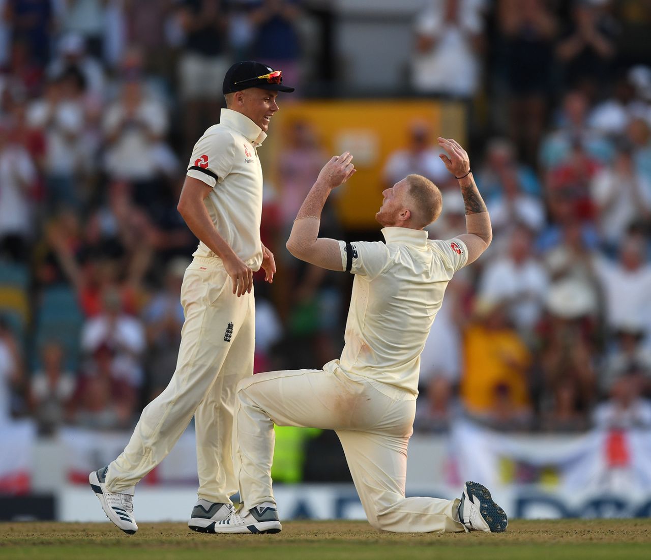 Sam Curran and Ben Stokes celebrate the wicket of Kemar Roach, West Indies v England, 1st Test, Barbados, 1st day, January 23, 2019