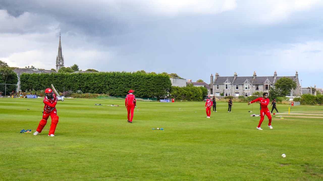 Oman go through a team training session on the outfield at Mannofield Park, Aberdeen, August 13, 2019