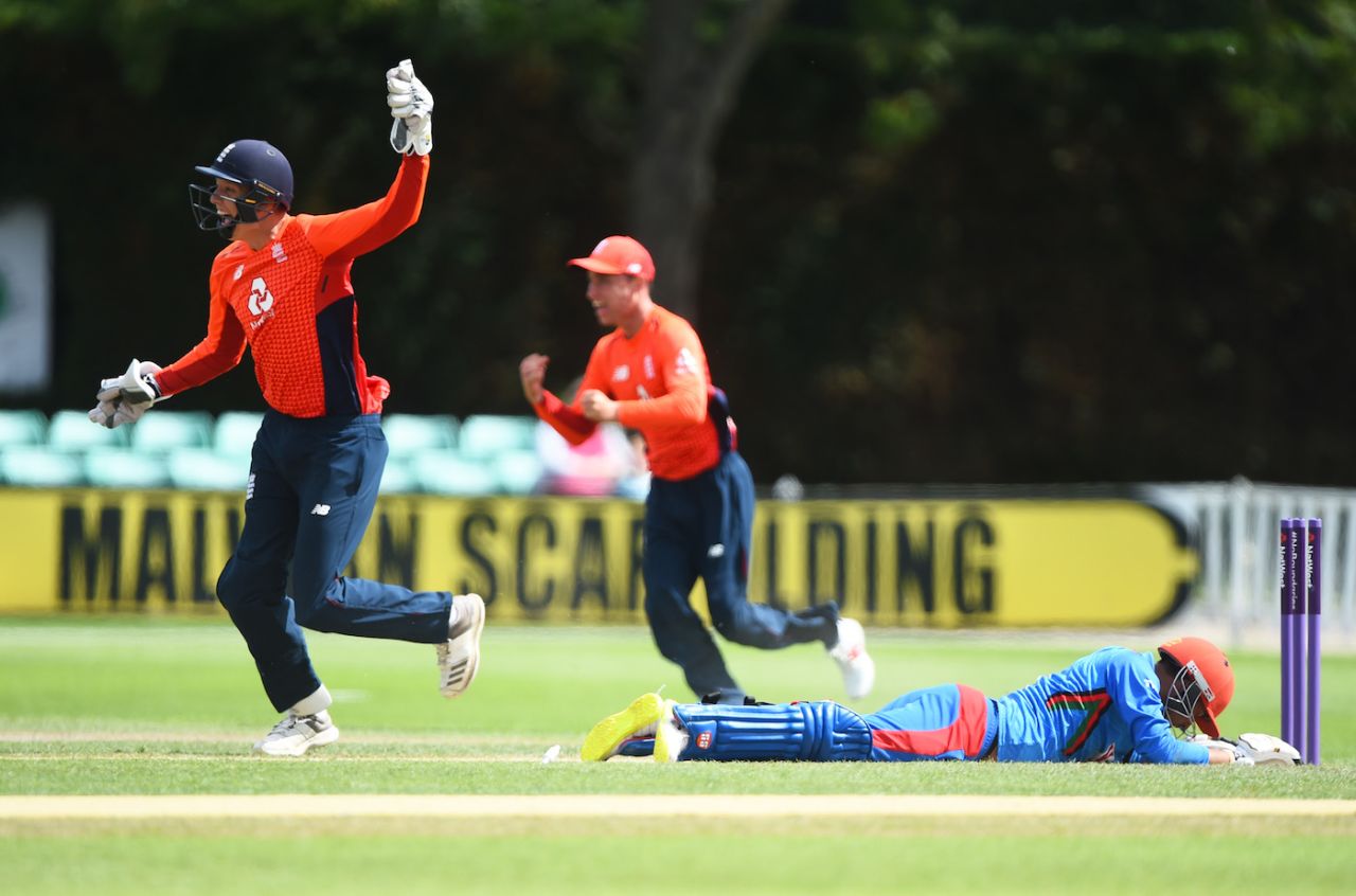 Liam Thomas celebrates as he runs out Nabi, semi final, England v Afghanistan, Physical Disability World Series 2019, New Road, Worcester, August 13, 2019
