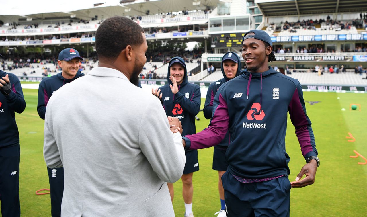 Jofra Archer was given his Test cap by Sussex team-mate and close friend Chris Jordan, England v Australia, 2nd Test, Lord's, August 14, 2019