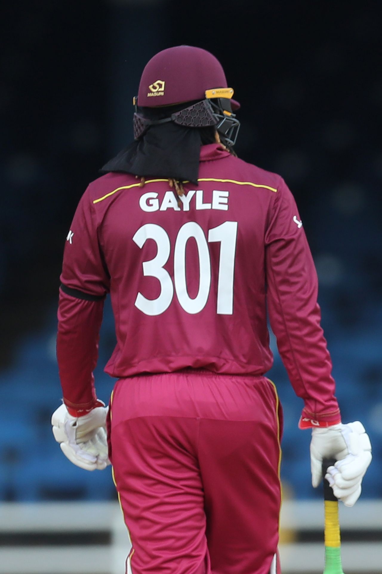 Chris Gayle wore a special, commemorative shirt for his 301st ODI, West Indies v India, 3rd ODI, Port of Spain, August 14, 2019