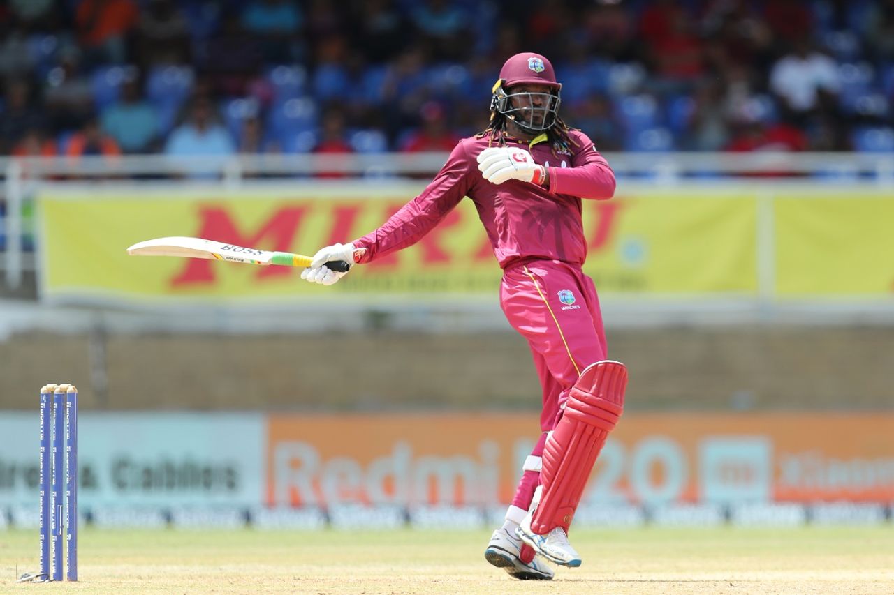 Chris Gayle strikes a one-handed six off Khaleel Ahmed, West Indies v India, 3rd ODI, Port of Spain, August 14, 2019