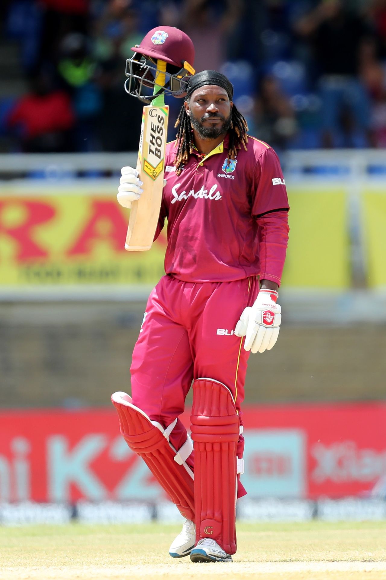 Chris Gayle acknowledges the applause after bringing up his fifty, West Indies v India, 3rd ODI, Port of Spain, August 14, 2019