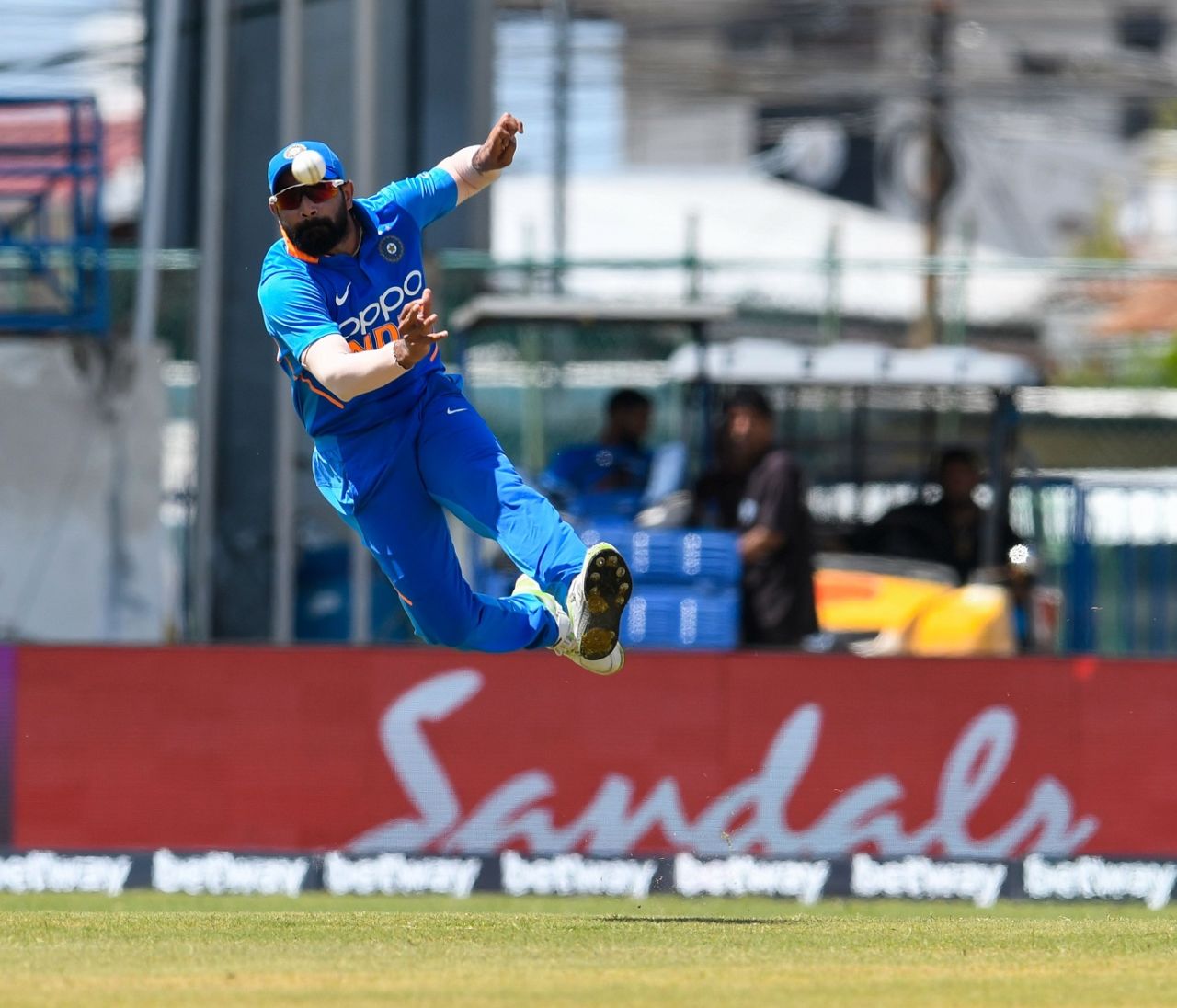 Mohammed Shami is airborne as he rifles in a throw, West Indies v India, 3rd ODI, Port of Spain, August 14, 2019