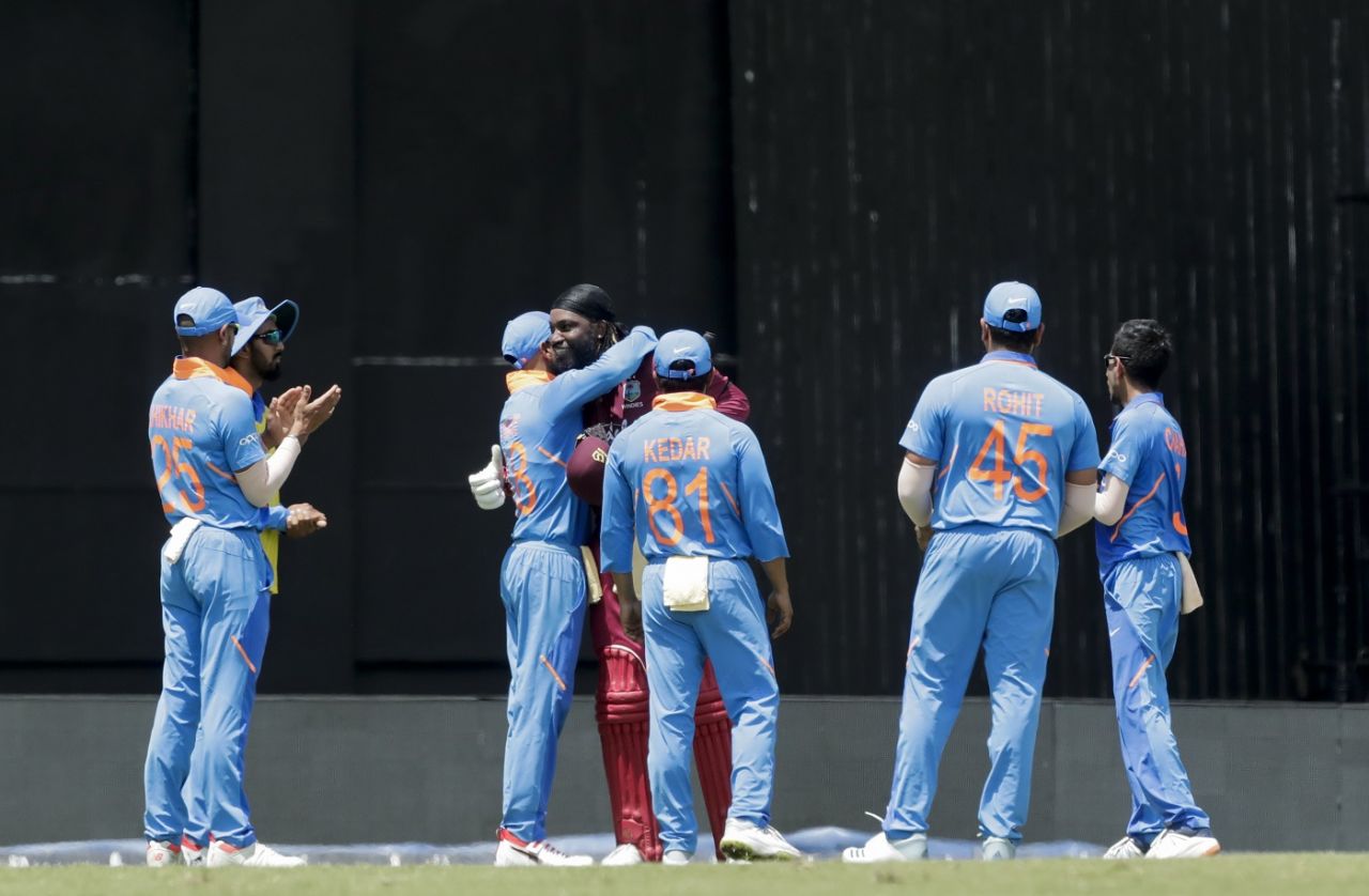 Virat Kohli hugs Chris Gayle after he is dismissed, West Indies v India, 3rd ODI, Port-of-Spain, August 14, 2019