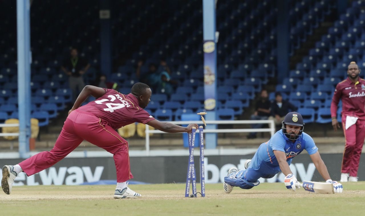 Kemar Roach runs out Rohit Sharma, West Indies v India, 3rd ODI, Port-of-Spain, August 14, 2019
