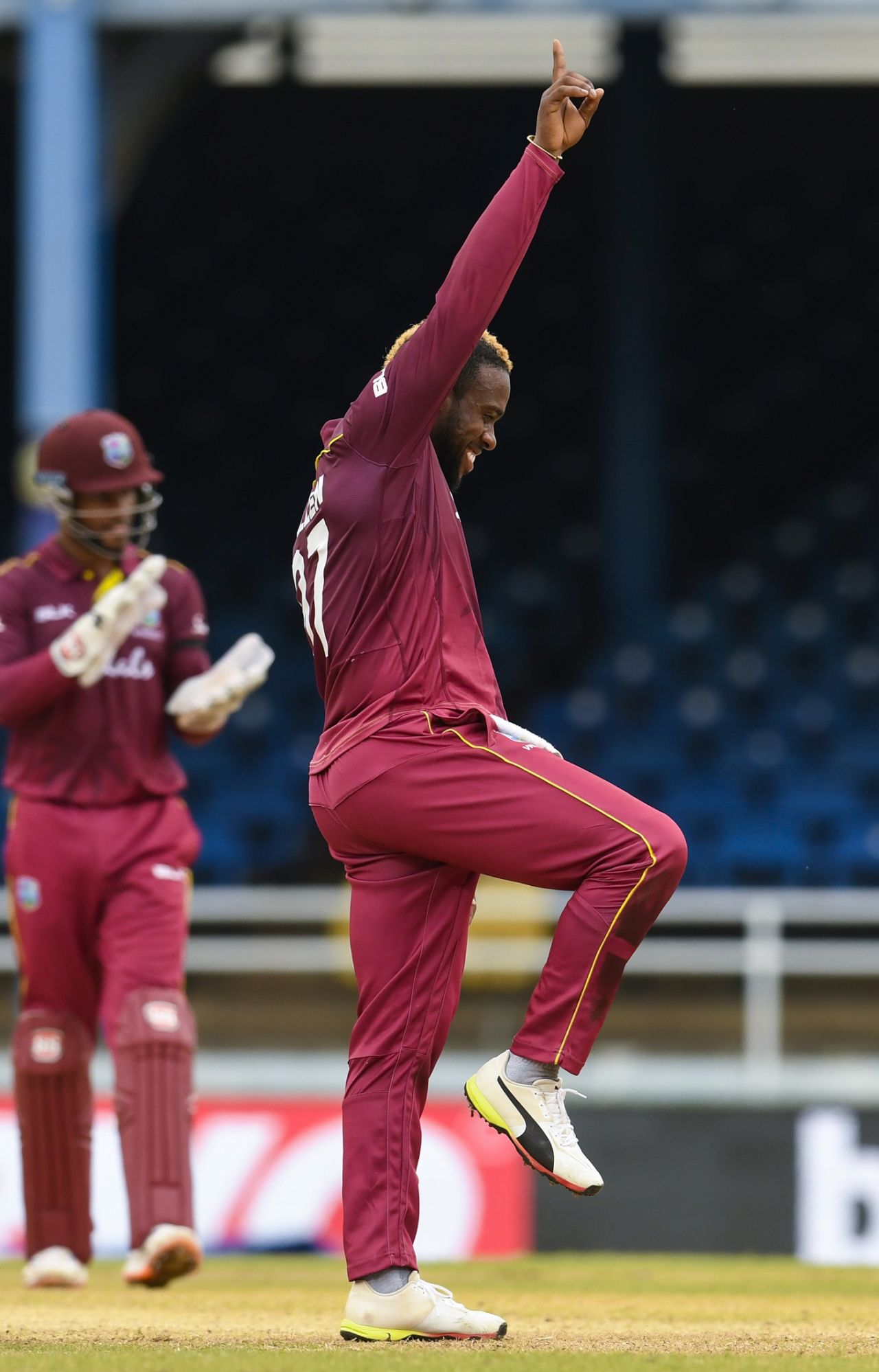Fabian Allen celebrates a wicket, West Indies v India, 3rd ODI, Port-of-Spain, August 14, 2019