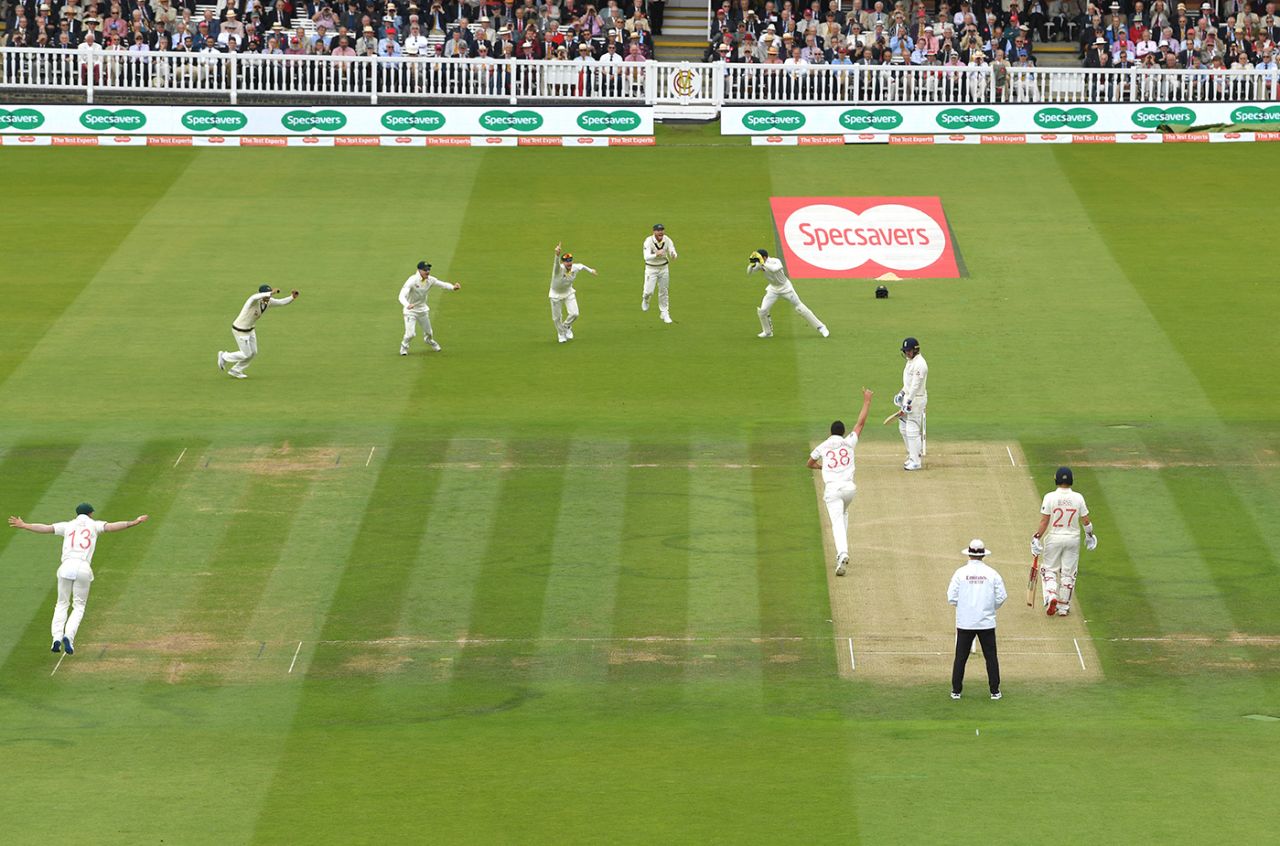 Australia's slip cordon start to celebrates as Jason Roy is caught behind, England v Australia, 2nd Test, Lord's, 2nd day, August 15, 2019