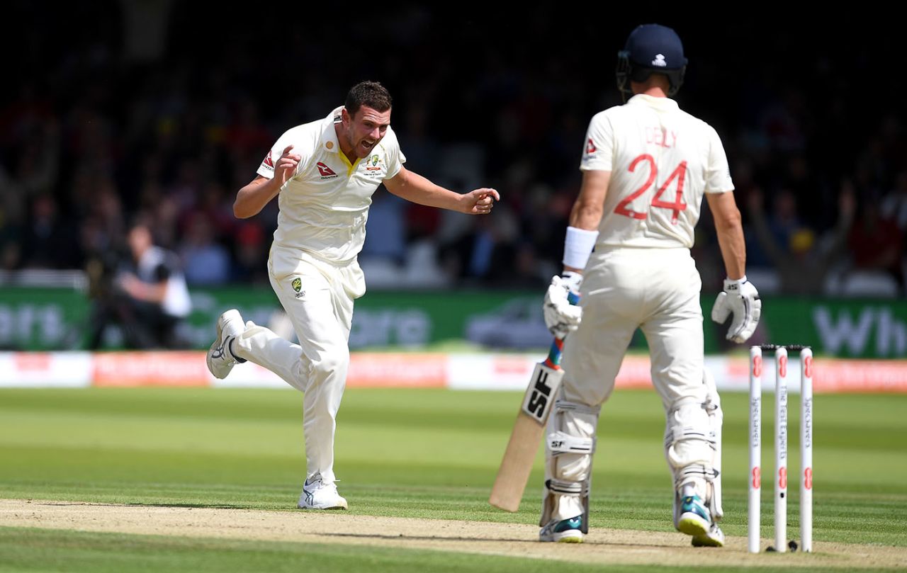 Josh Hazlewood celebrates after having Joe Denly caught behind, England v Australia, 2nd Test, Lord's, 2nd day, August 15, 2019