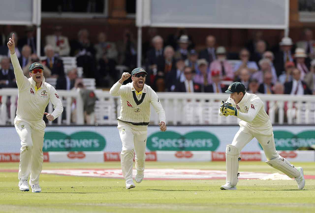 Steve Smith and David Warner celebrate as Tim Paine catches Joe Denly, England v Australia, 2nd Test, Lord's, 2nd day, August 15, 2019