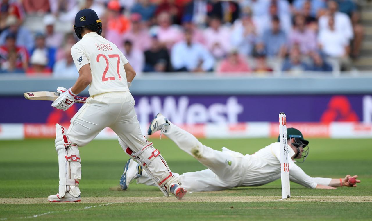 At the second attempt, Cameron Bancroft took a stunning catch to dismiss Rory Burns, England v Australia, 2nd Test, Lord's, 2nd day, August 15, 2019