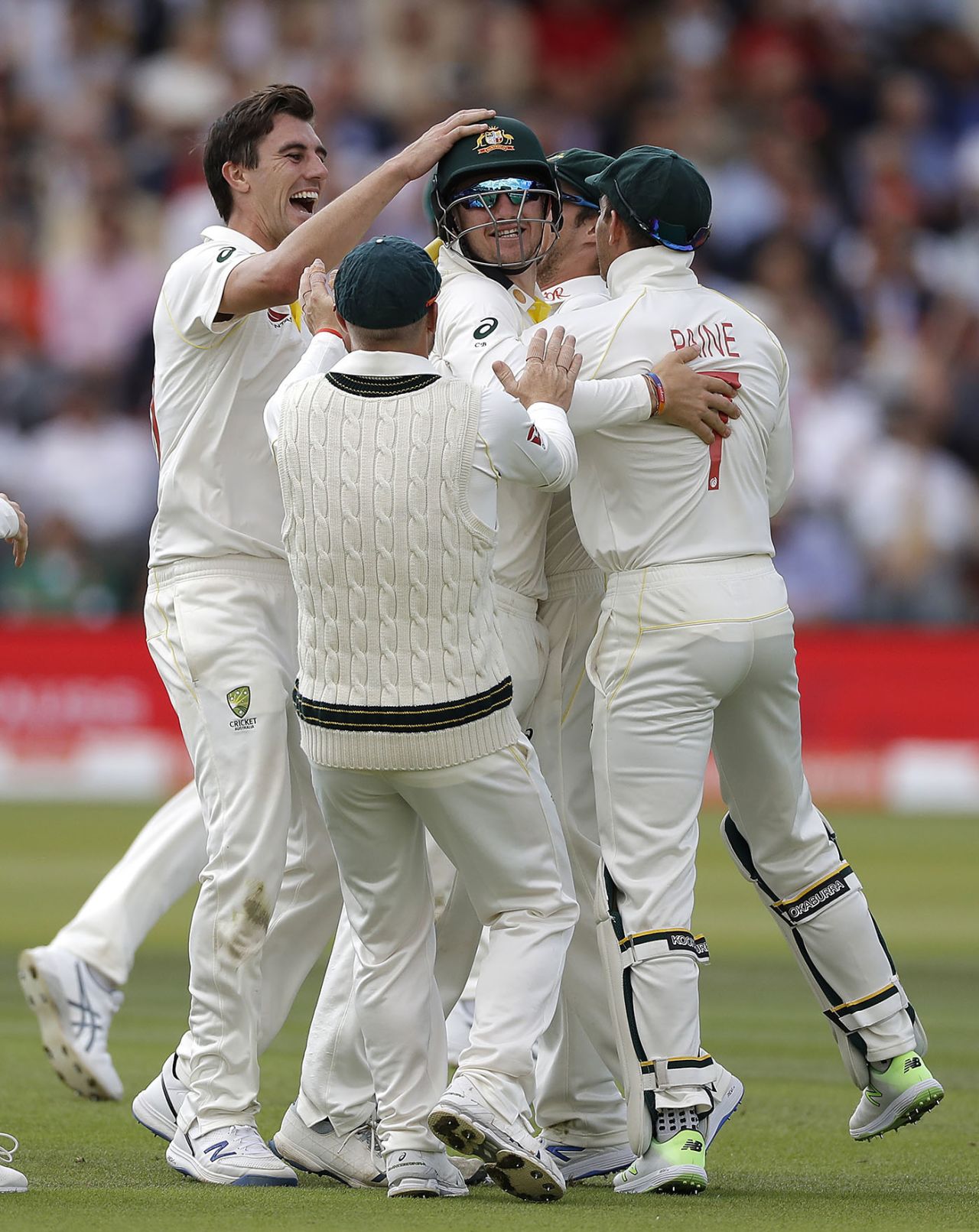Australia mob Cameron Bancroft after his brilliant short-leg catch to dismiss Rory Burns, England v Australia, 2nd Test, Lord's, 2nd day, August 15, 2019