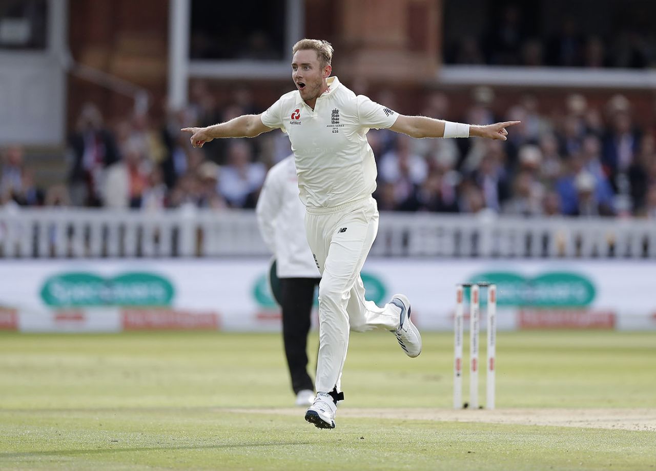Stuart Broad wheels away in celebration after bowling David Warner, England v Australia, 2nd Test, Lord's, 2nd day, August 15, 2019
