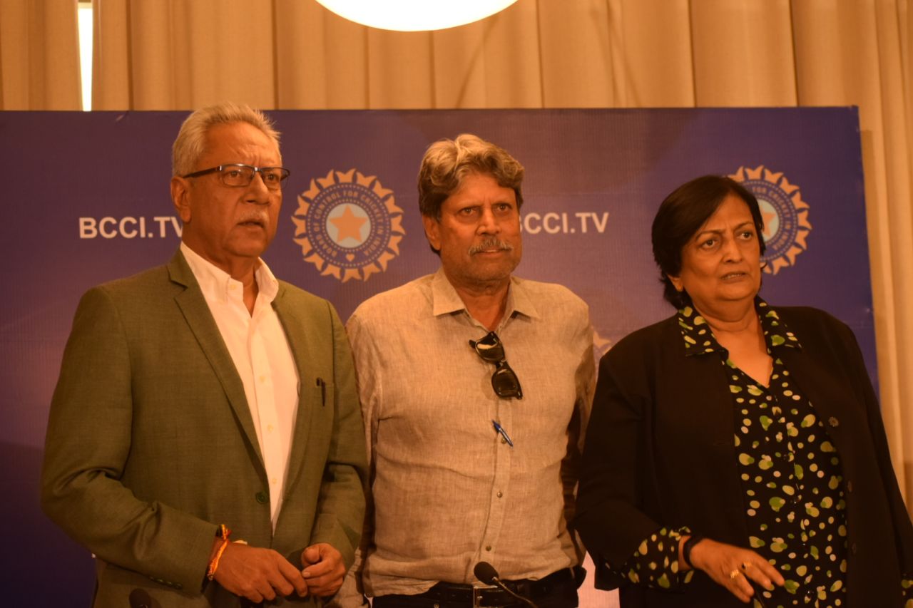 Anshuman Gaekwad, Kapil Dev and Shanta Rangaswamy after a CAC meeting, Mumbai, August 16, 2019