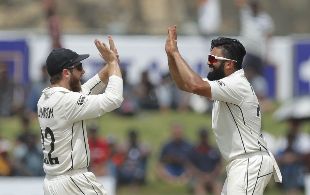 Ajaz Patel celebrates a wicket with Kane Williamson, Sri Lanka v New Zealand, 1st Test, Galle, 5th day, August 18, 2019