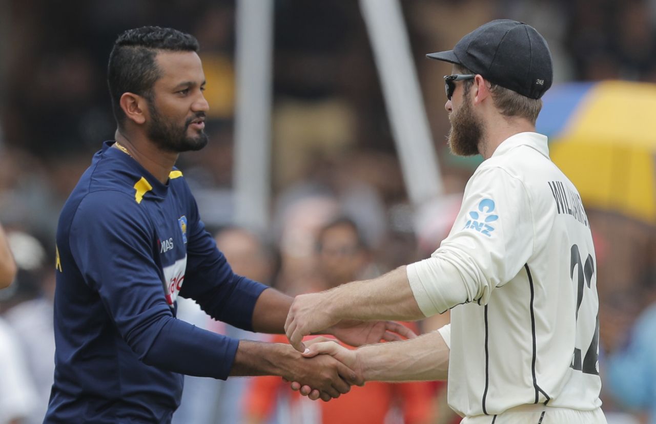 Dimuth Karunaratne and Kane Williamson shake hands, Sri Lanka v New Zealand, 1st Test, Galle, 5th day, August 18, 2019