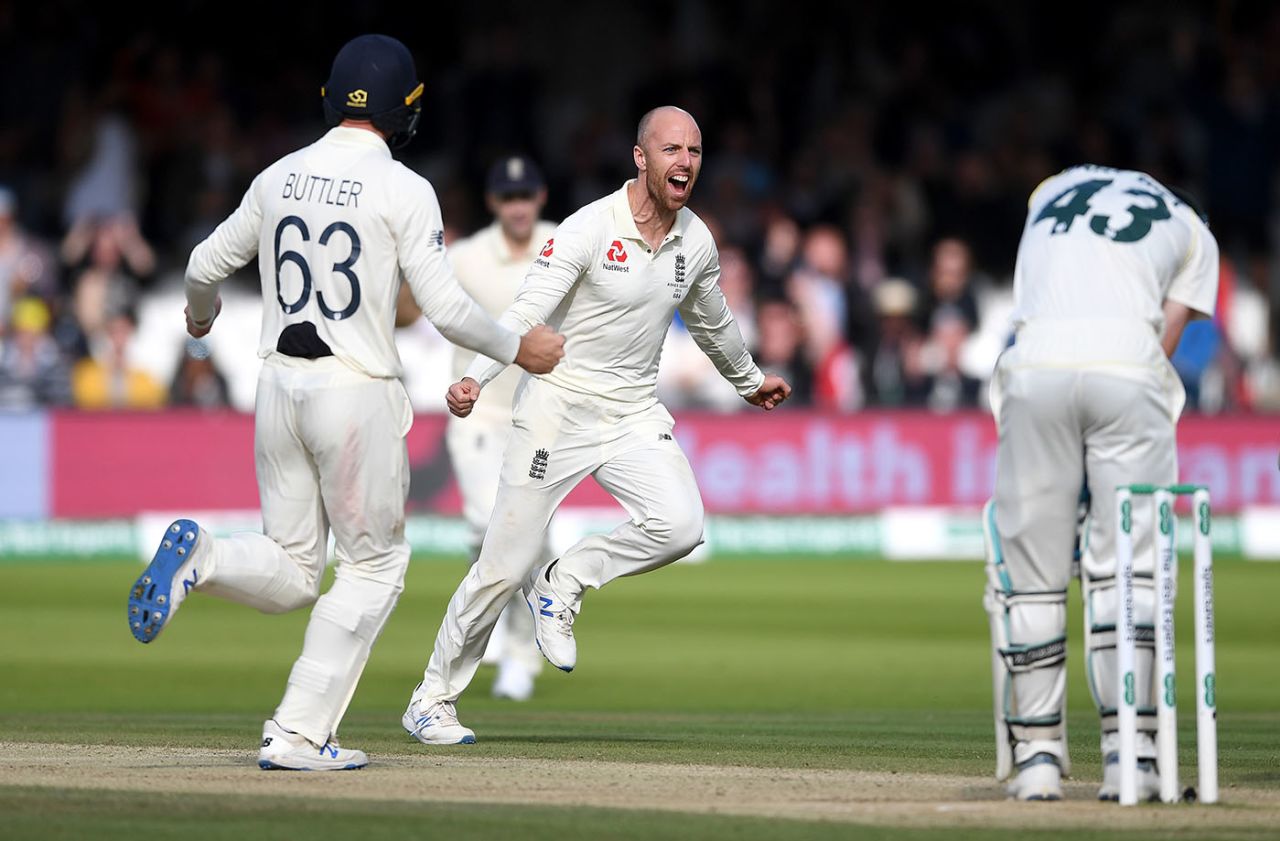Jack Leach celebrates after trapping Cameron Bancroft lbw, England v Australia, 2nd Test, Lord's, 5th day, August 18, 2019