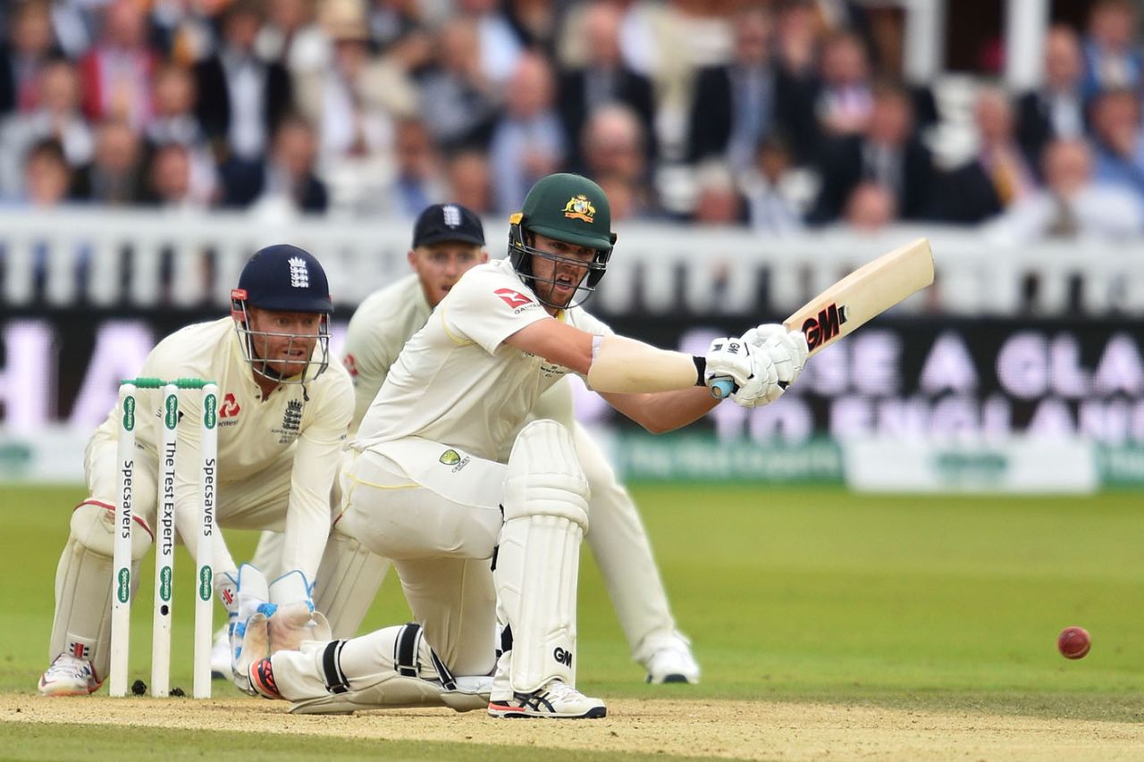 Travis Head gets low to sweep, England v Australia, 2nd Test, Lord's, 5th day, August 18, 2019