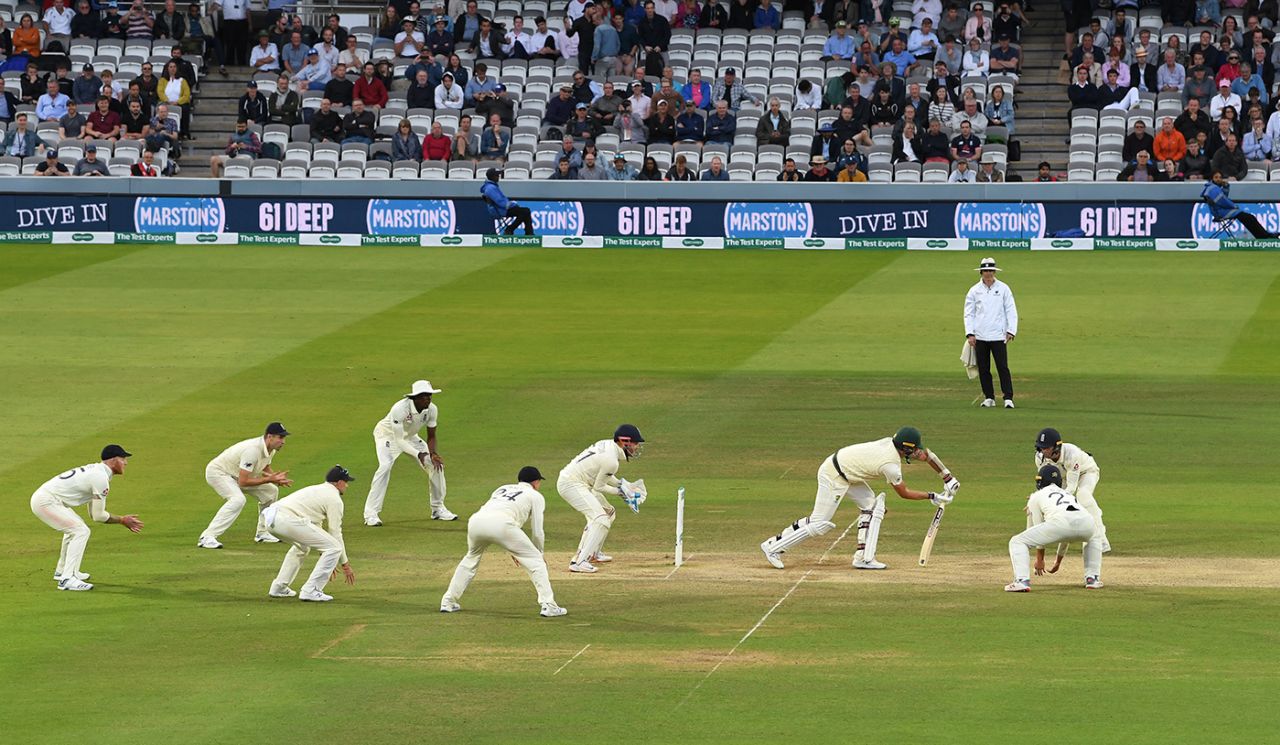 Pat Cummins was surrounded at the end of the match, England v Australia, 2nd Test, Lord's, 5th day, August 18, 2019