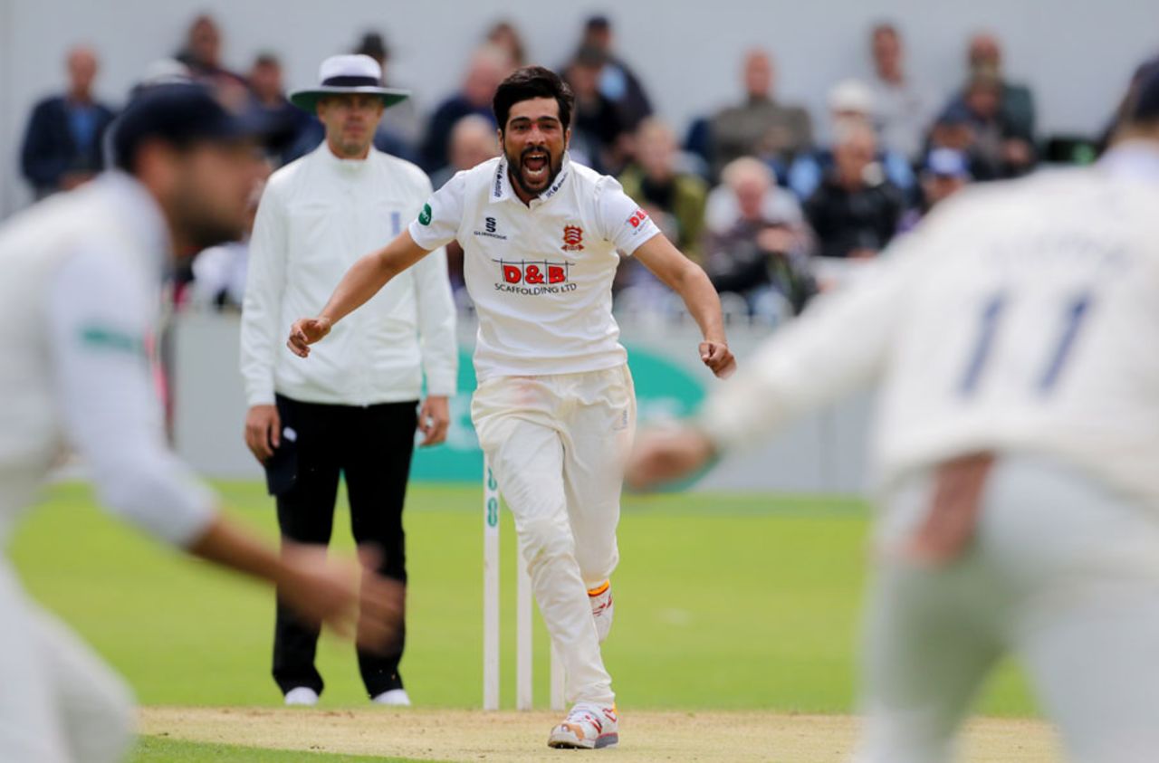 MoMohammad Amir celebrates after taking another wicket for Essex, Yorkshire v Essex, Specsavers Championship, Division One, Scarborough, 2nd day, August 7, 2017