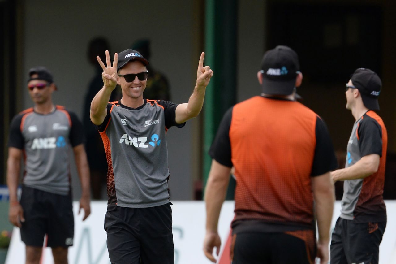Trent Boult gestures happily during a training session, Colombo, August 20, 2019
