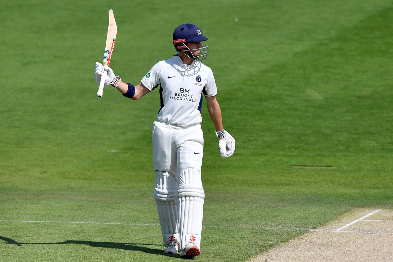 John Simpson raises his bat on reaching fifty, Sussex v Middlesex, County Championship, Division Two, Hove, August 20, 2019