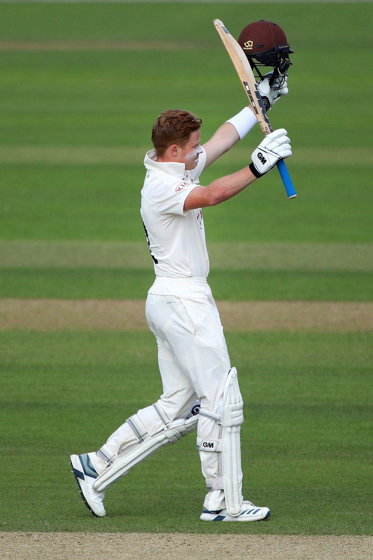 Ollie Pope raises his bat on reaching three figures, Surrey v Hampshire, County Championship, The Oval, August 20, 2019