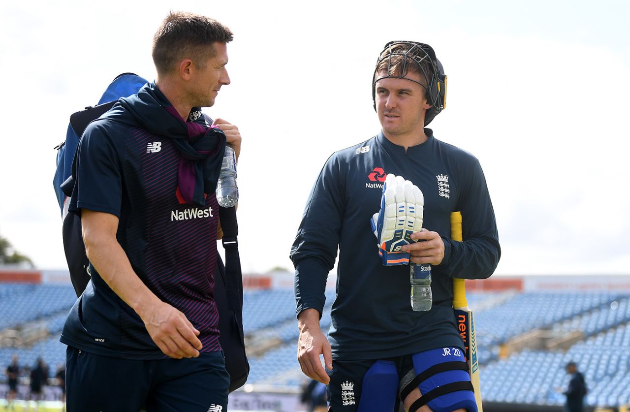 Joe Denly and Jason Roy chat during England net practice, Headingley, August 20, 2019