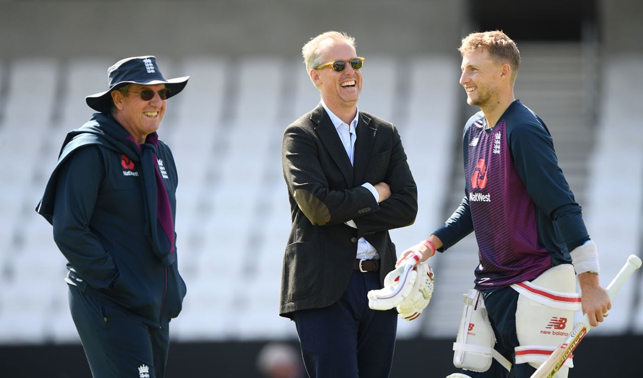Joe Root shares a laugh with Ed Smith and Trevor Bayliss, England v Australia, 3rd Test, The Ashes, Headingley, August 21, 2019