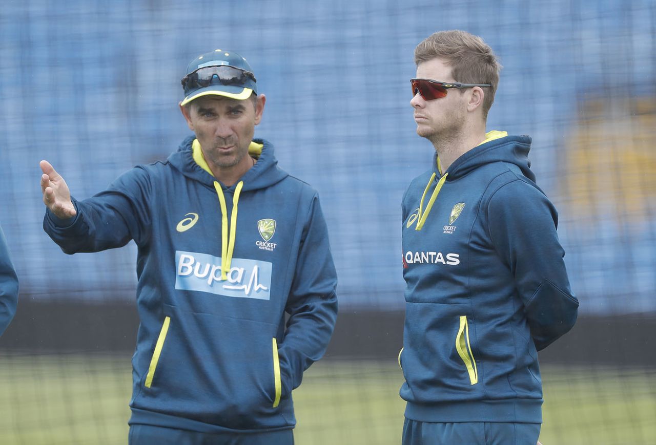 Justin Langer chats to Steven Smith at Australia's training session, England v Australia, 3rd Test, The Ashes, Headingley, August 21, 2019