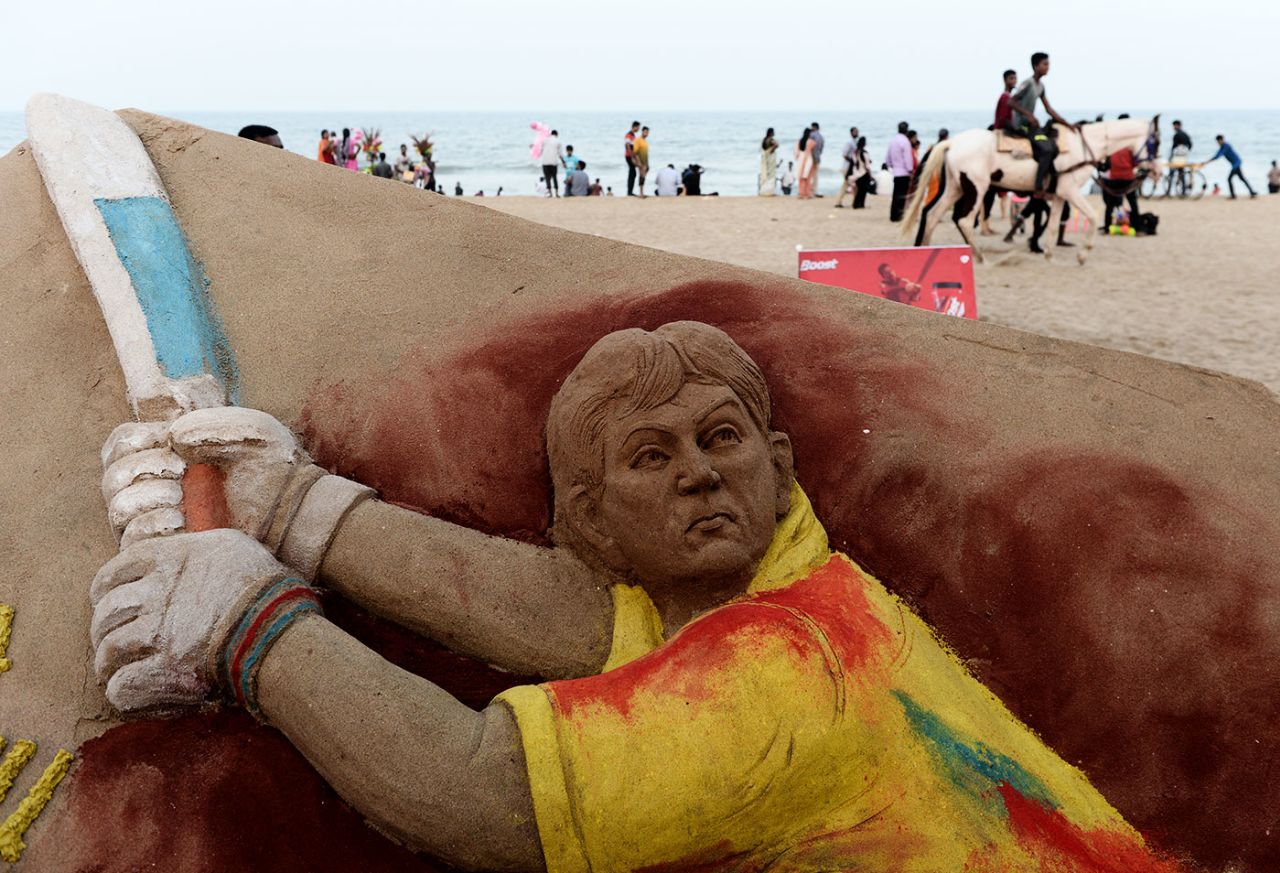 A sand sculpture of MS Dhoni on Elliot's Beach in Chennai, May 10, 2019
