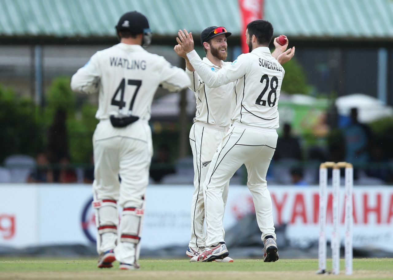 Kane Williamson and William Somerville celebrate Lahiru Thirimanne's wicket, Sri Lanka v New Zealand, 2nd Test, Colombo, 1st day, August 22, 2019